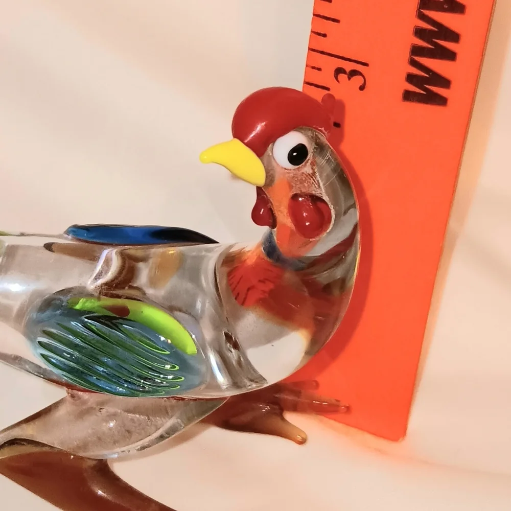 Set Of 2 Handblown Glass Bird Chicken Figure Multi Color Rooster Exotic Bird